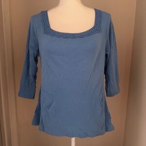 Bobbie Brooks Blue 3/4 Sleeve Square Neck Top with Crochet Detail Size M (8-10)